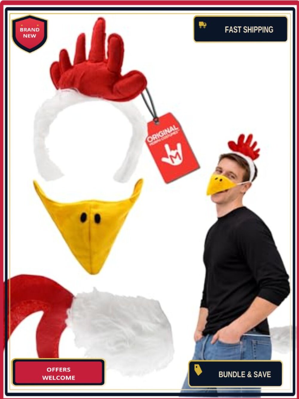 Adult Rooster Costume Kit Headband Beak Mask Shoe Covers Halloween